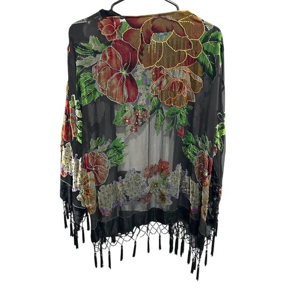 Floral Embroidered Sheer Burn Out Kimono Cardigan Fringe Beads Boho Whimsigoth - Picture 2 of 6
